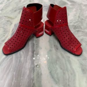 Red leather open toe booties